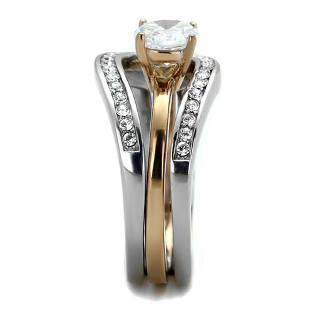 ARTK2032  Stainless Steel 1 Ct Round Cut Two Toned 2 Piece Wedding Ring Set Women's Sz 5-10